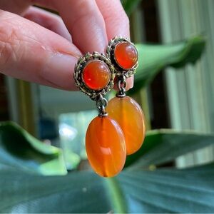 Vintage Symmetalic Sterling Silver/14k Gold Carnelian Dangle ScrewBack Earrings